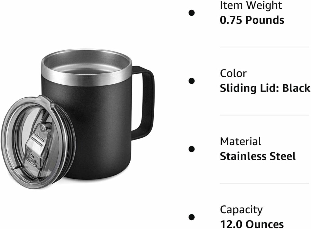 ALOUFEA 12oz Stainless Steel Insulated Coffee Mug with Handle, Double Wall Vacuum Travel Mug, Tumbler Cup with Sliding Lid, Black ALOUFEA 12oz Stainless Steel Insulated Coffee Mug with Handle, Double Wall Vacuum Travel Mug, Tumbler Cup with Sliding Lid, Black