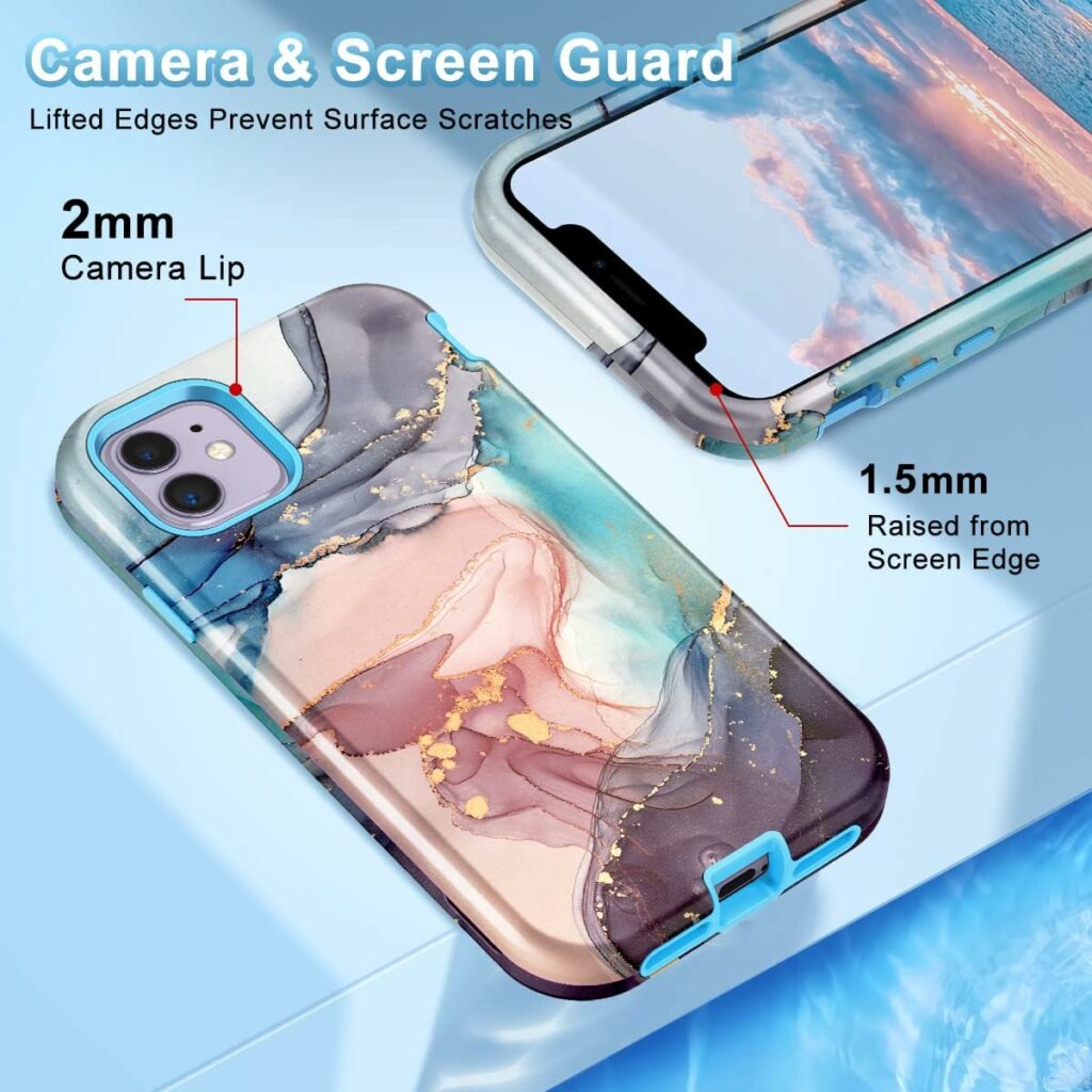 CASEFIV Compatible with iPhone 11 Case,Marble Pattern 3 in 1 Heavy Duty Shockproof Full Body Rugged Hard PC+Soft Silicone Drop Protective Women Girls Cover for iPhone 11 6.1 inch, Blue Gray