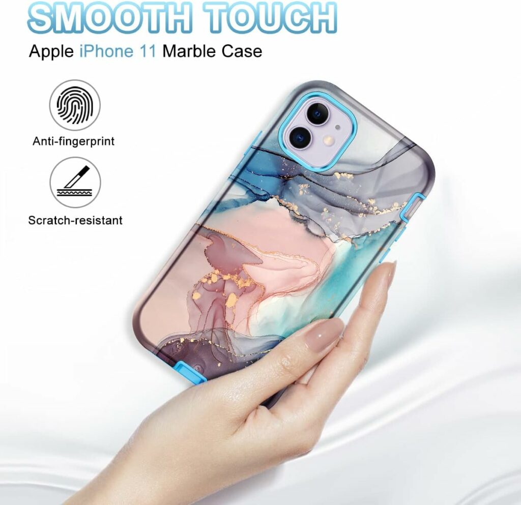 CASEFIV Compatible with iPhone 11 Case,Marble Pattern 3 in 1 Heavy Duty Shockproof Full Body Rugged Hard PC+Soft Silicone Drop Protective Women Girls Cover for iPhone 11 6.1 inch, Blue Gray