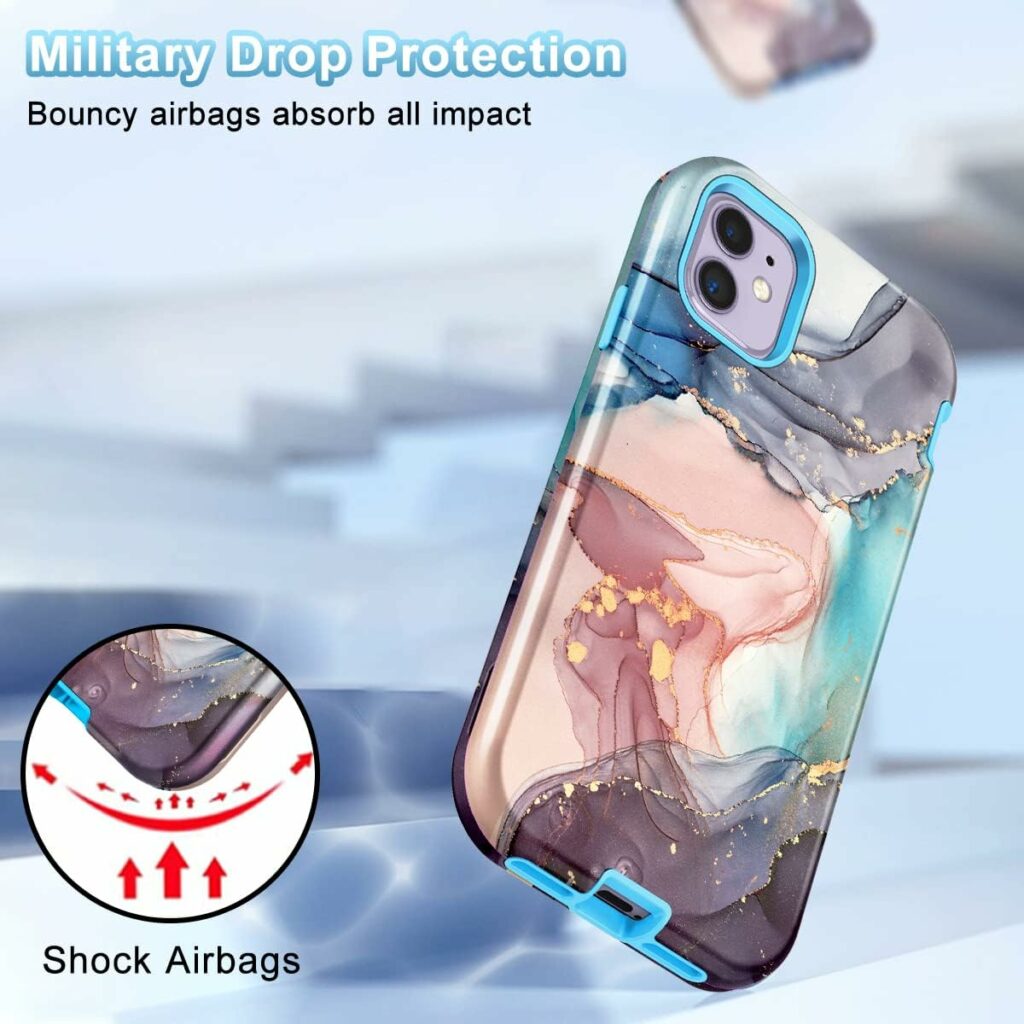 CASEFIV Compatible with iPhone 11 Case,Marble Pattern 3 in 1 Heavy Duty Shockproof Full Body Rugged Hard PC+Soft Silicone Drop Protective Women Girls Cover for iPhone 11 6.1 inch, Blue Gray