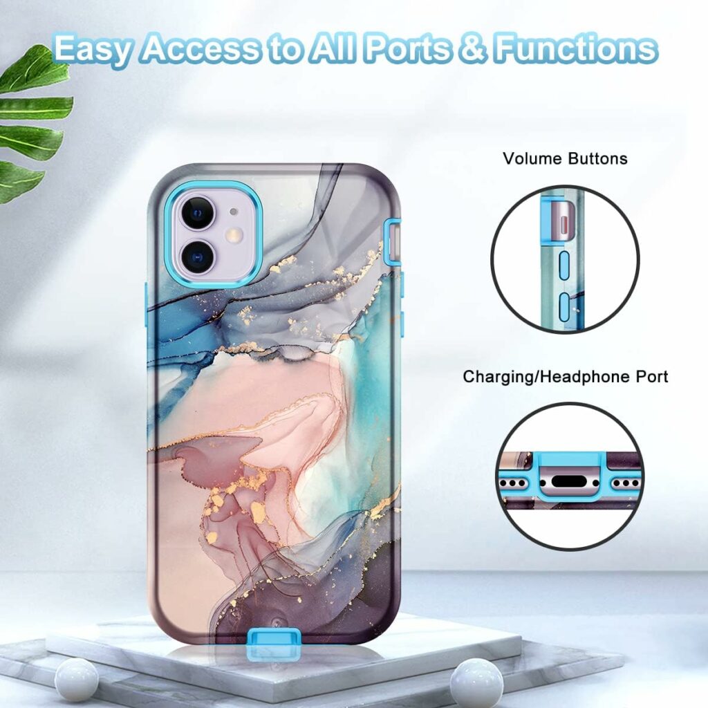 CASEFIV Compatible with iPhone 11 Case,Marble Pattern 3 in 1 Heavy Duty Shockproof Full Body Rugged Hard PC+Soft Silicone Drop Protective Women Girls Cover for iPhone 11 6.1 inch, Blue Gray