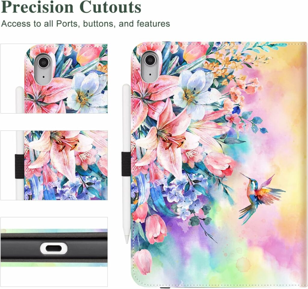 ipad 10th Generation Case, Vimorco iPad 10.9 inch Case 2022, Premium Leather Protective Adjustable Cover, Auto Sleep/Wake, Card Pocket with Pencil Holder for iPad 10th Gen, Hummingbirds  Flowers