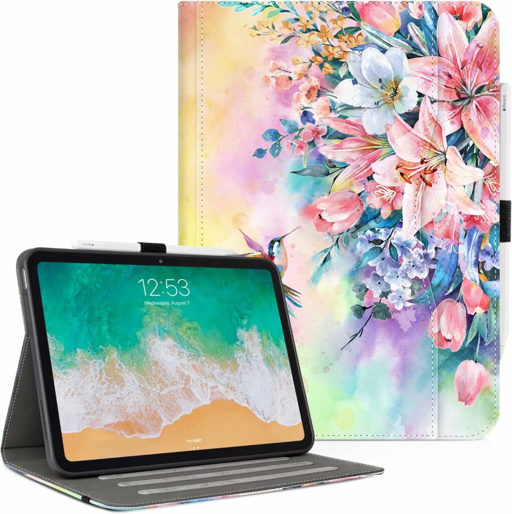 ipad 10th Generation Case, Vimorco iPad 10.9 inch Case 2022, Premium Leather Protective Adjustable Cover, Auto Sleep/Wake, Card Pocket with Pencil Holder for iPad 10th Gen, Hummingbirds  Flowers