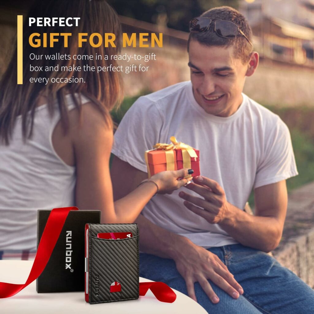 RUNBOX Red Wallet for Men Slim with 11 Credit Card Slots Leather Money Clip RFID Blocking Thin Mens Wallet Bifold Minimalist Front Pocket Large Capacity with Gift Box Carbon