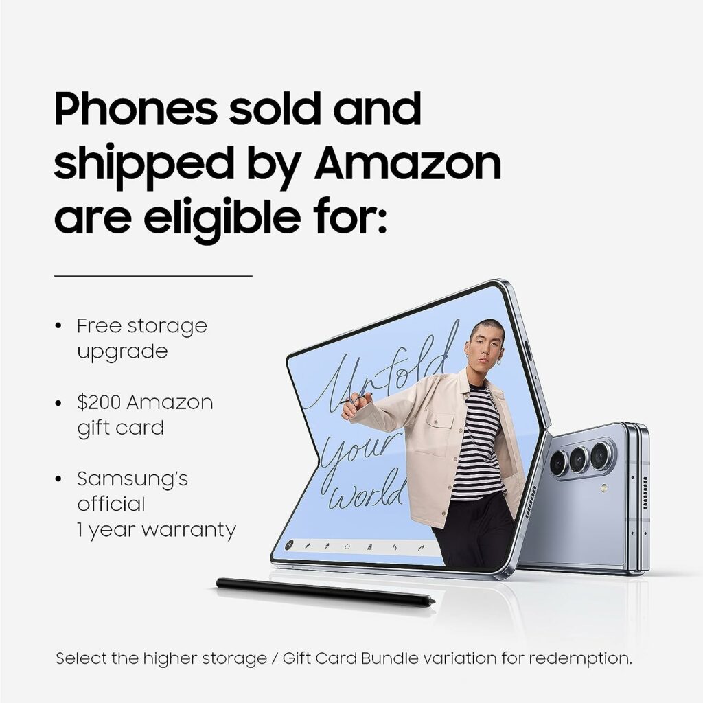 SAMSUNG Galaxy Z Fold 5 Cell Phone + Storage Upgrade, Factory Unlocked Android Smartphone, 512GB, Big 7.6” Screen for Streaming, Gaming, Dual App View, US Version, 2023, Phantom Black