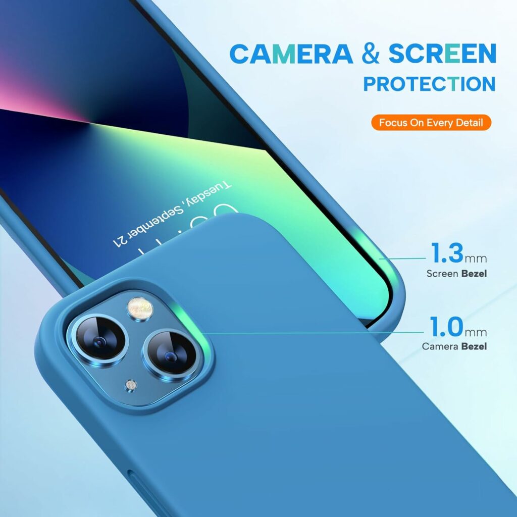 Miracase Designed for iPhone 13 Case, with Tempered Glass Screen Protector, [Soft Anti-Scratch Microfiber Lining], Shockproof Liquid Silicone Rubber Phone Case Cover for 13 6.1 inch(Capri Blue)