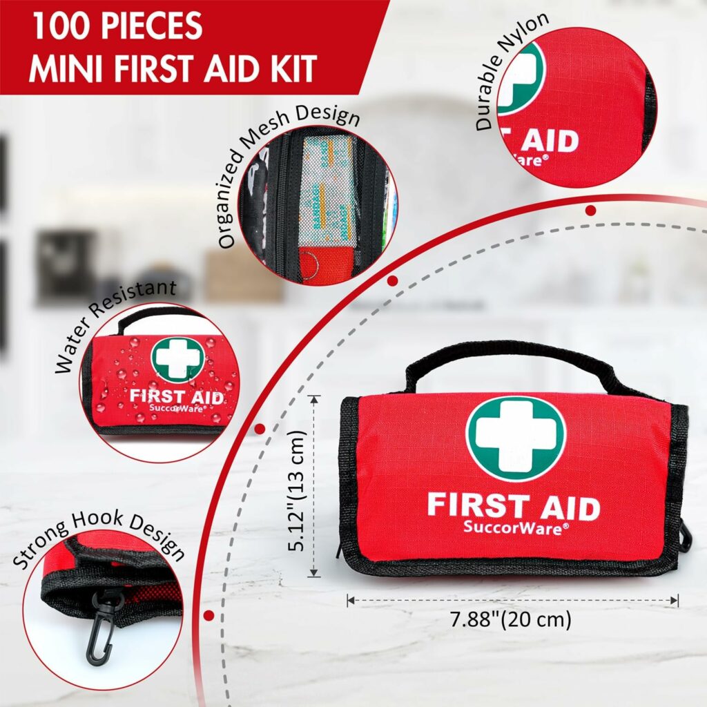 Small First Aid Kit - 100 Piece - Mini First Aid Kit for Home, Camping, Hiking, Backpacking, Travel, Vehicle, Outdoors - Emergency  Medical Supplies