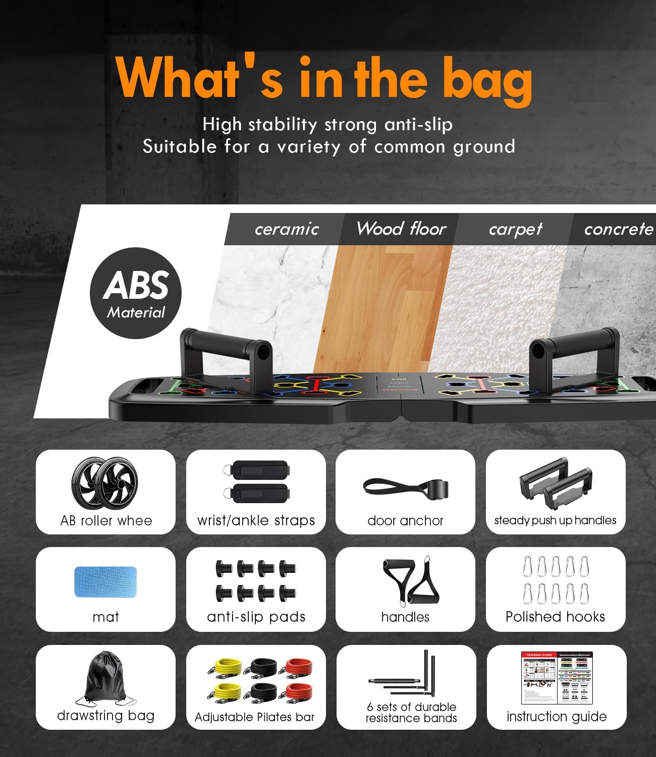 Push Up Board,Home Gym,Portable Exercise Equipment,Pilates Bar  20 Fitness Accessories with Resistance Bands  Ab Roller Wheel,Full Body Workout at Home